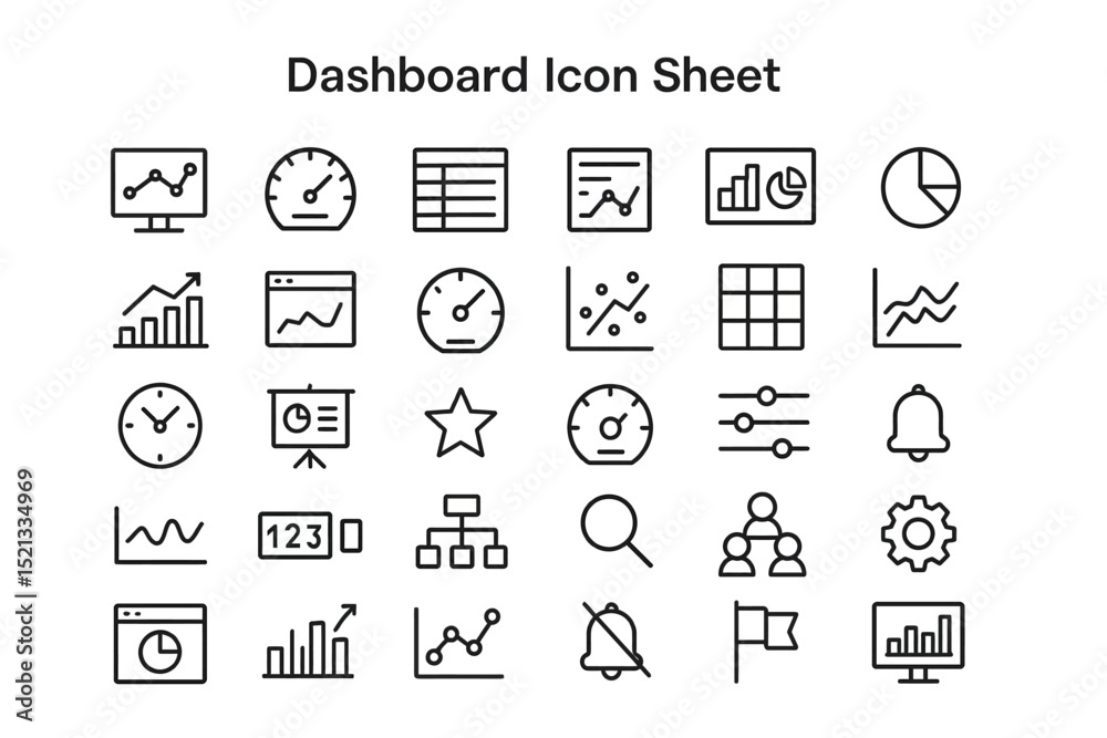 Poster dashboard icon sheet: a comprehensive set of minimalist dashboard icons depicting various data visua