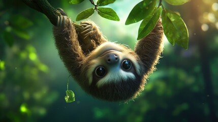 A baby sloth hanging upside down from a tree branch, smiling peacefully