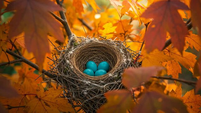 Bird's nest with blue eggs among autumn leaves