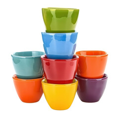 Colorful ceramic bowls stacked in playful arrangement, showcasing vibrant hues of green, blue, red, orange, yellow, and purple. These bowls add cheerful touch to any kitchen or dining setting