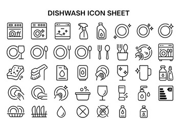 Dishwash Icon Sheet: A comprehensive collection of cleaning icons, offering a clear visual representation of various dishwashing tools and techniques.