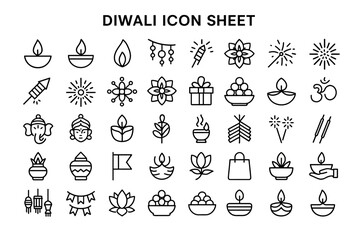 Diwali Icon Sheet: Celebrate Diwali with this festive icon sheet featuring traditional diya lamp, firework and sweets icons perfect for adding cultural flair to your designs.