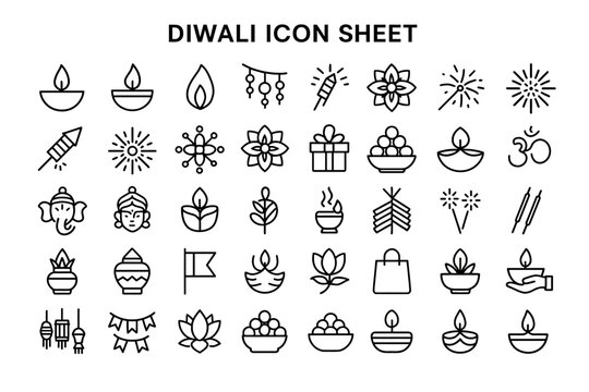 Diwali Icon Sheet: Celebrate Diwali with this festive icon sheet featuring traditional diya lamp, firework and sweets icons perfect for adding cultural flair to your designs.