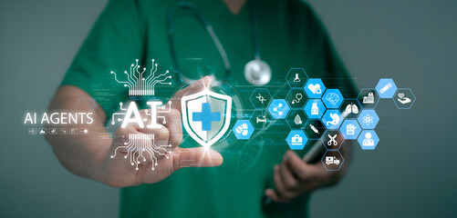 AI Agent Healthcare Interface with Security and Medical Icons