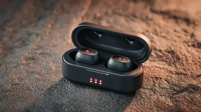 Stylish wireless earbuds in sleek case on textured surface