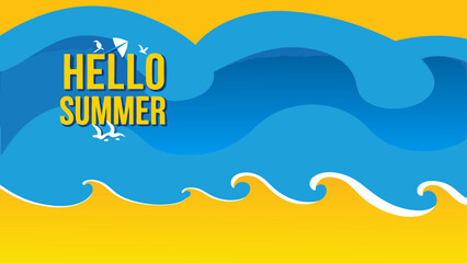 Hello summer text with birds and kite over blue waves and yellow sand beach background illustration