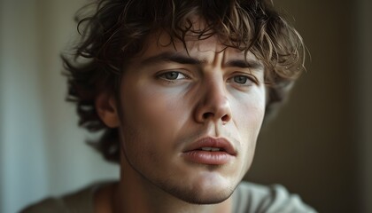 Reflective youth portrait indoor setting close-up photography natural lighting thoughtful expression emotional depth