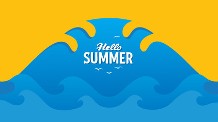 Hello summer text with blue waves and yellow border creating a cheerful summer themed illustration
