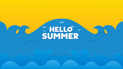 Hello summer text with blue wave and yellow background and some seagulls flying around the text
