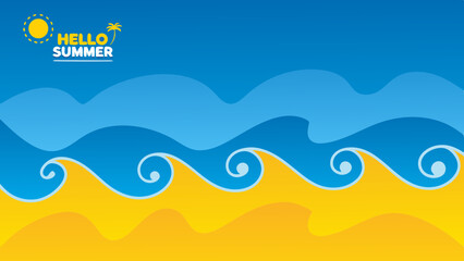 Illustration of hello summer text with sun and palm tree above ocean waves and sand in bright colors