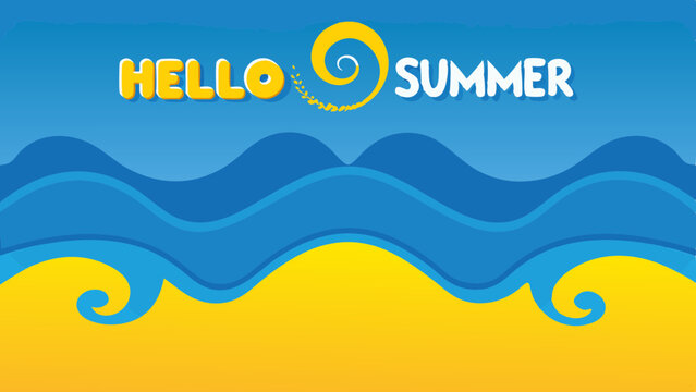 Illustration of hello summer text with a sun and blue waves over a yellow sand beach background scene