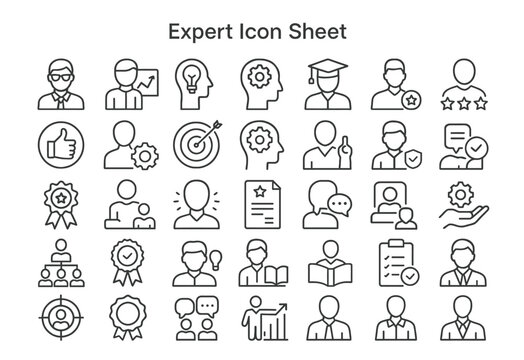 Expert Icon Sheet: A collection of detailed vector icons representing various aspects of expertise and knowledge, ideal for illustrating expertise and professional skills.