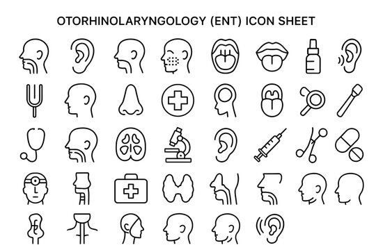 ENT Icon Sheet: A meticulously crafted icon sheet showcases a collection of detailed illustrations representing various aspects of ear, nose, and throat, embodying precision and professionalism.