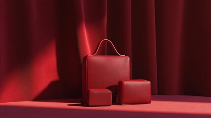 Red suitcase and two small boxes on a pink surface. the suitcase is rectangular in shape and has a handle on top. it appears to be made of leather or a similar material.