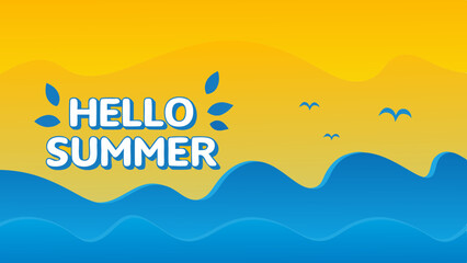 Hello summer text with blue leaves and birds over yellow sky and ocean waves illustration design