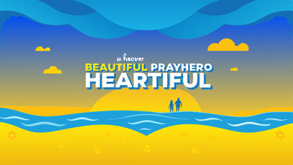 Illustration of a couple walking on the beach with inspirational text overlay at sunset scene view