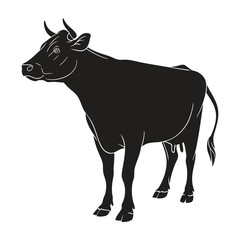 Silhouette of a black cow on a white background, black silhouette of a cow,