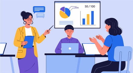 A colorful and engaging vector illustration showing a team of three individuals in a collaborative presentation setting.