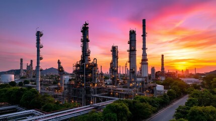 Fototapeta premium Oil refinery plant with tall towers and pipes during a colorful sunset, illustrating industrial energy production and sustainable power in a petrochemical facility.