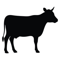 Silhouette of a black cow on a white background, black silhouette of a cow,
