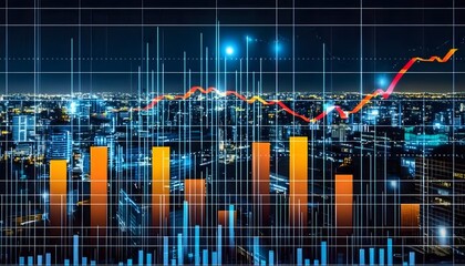 Fototapeta premium Cityscape overlaid with financial data charts.