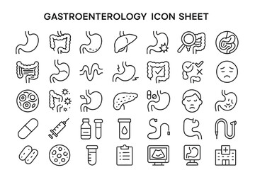 Fototapeta premium Gastroenterology Icon Sheet: A detailed icon sheet presents a comprehensive view of the human digestive system, featuring various organs, conditions, and medical symbols in a clean, linear design.