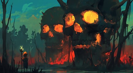 A dark fantasy ethereal concept art of two giant floating skulls with tentacles