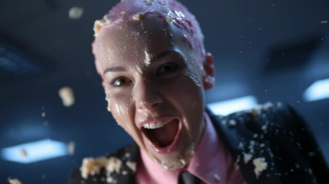 Hipster woman joyfully celebrates by smashing cake, with frosting and confetti flying in an urban backdrop. The atmosphere is filled with happiness and excitement as laughter resonates.