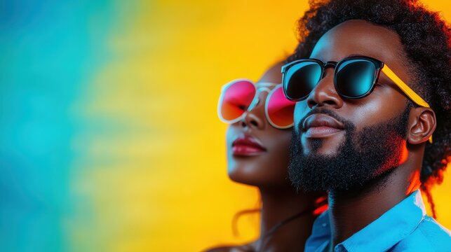 A stylish couple stands confidently against a colorful backdrop, adorned in trendy sunglasses that reflect their personalities, symbolizing modern fashion and youthful exuberance in life.