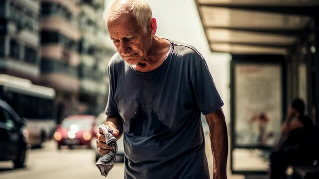Senior man wiping sweat from his face on a hot day on city street. Summer heatwave and elderly person feeling unwell footage.