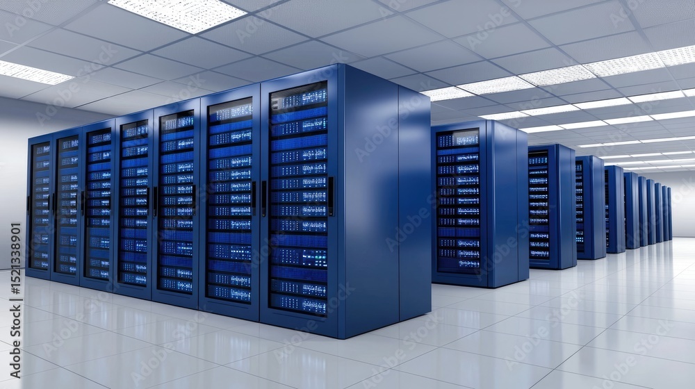 Poster modern server room interior with rows of blue server racks and illuminated indicators, illustrating 