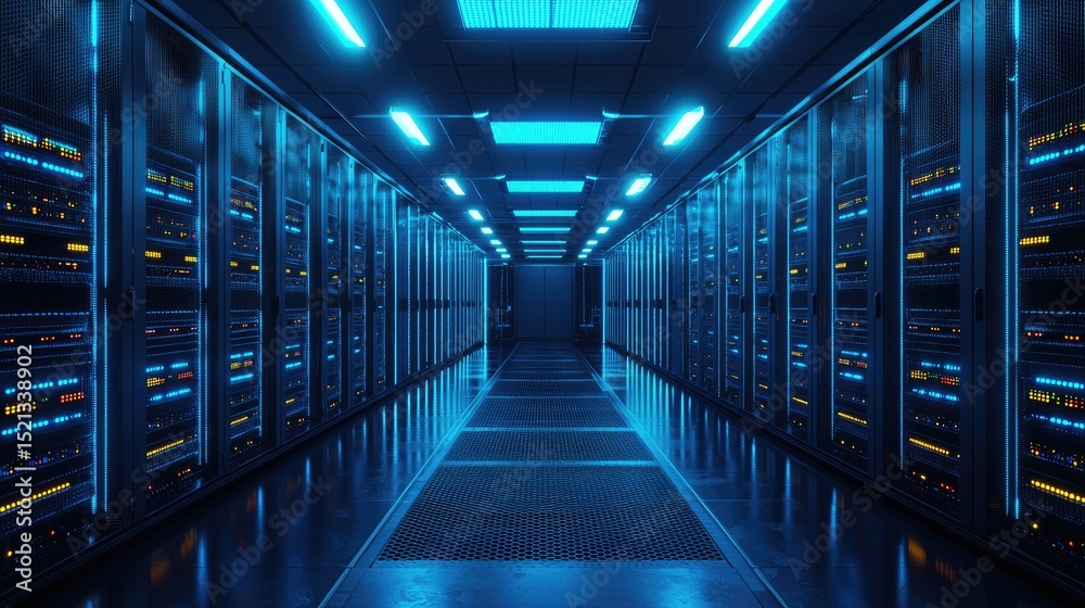 Fototapete high-tech server room corridor with glowing blue lights and illuminated server racks, representing a