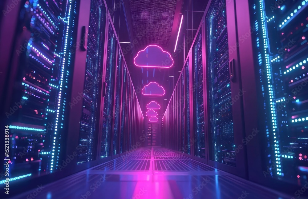 Fototapete futuristic server hallway with glowing neon pink cloud icons and vibrant lighting, representing mode