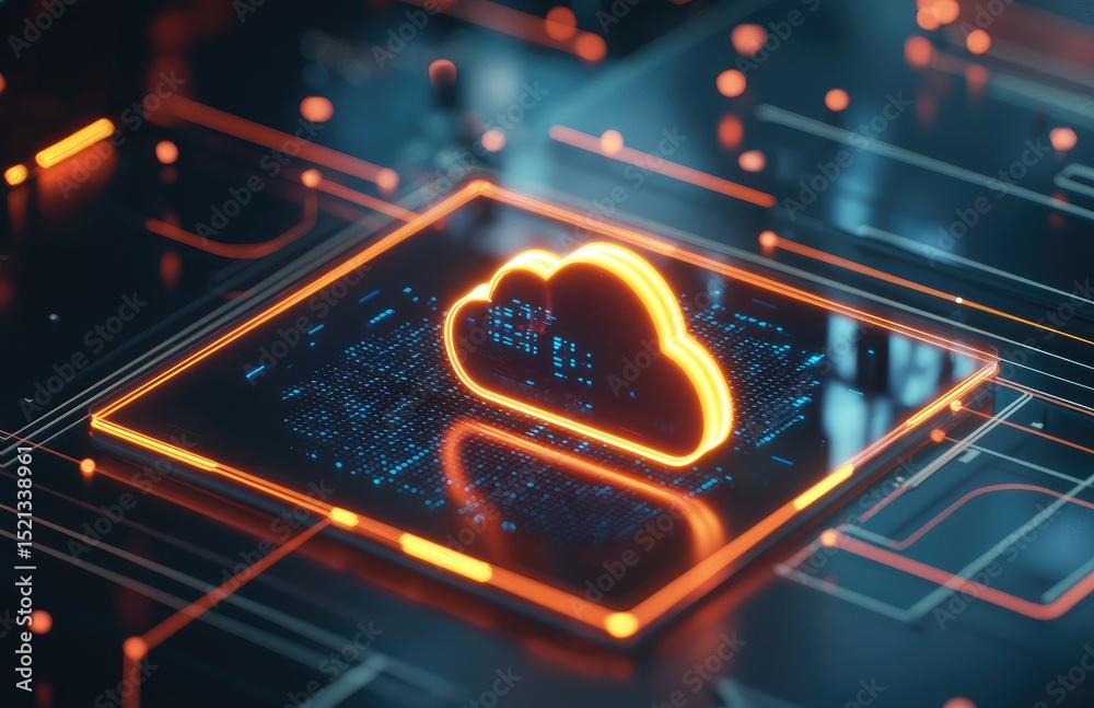 Fototapete 3d glowing neon cloud icon hovering over a digital circuit board, representing futuristic cloud comp