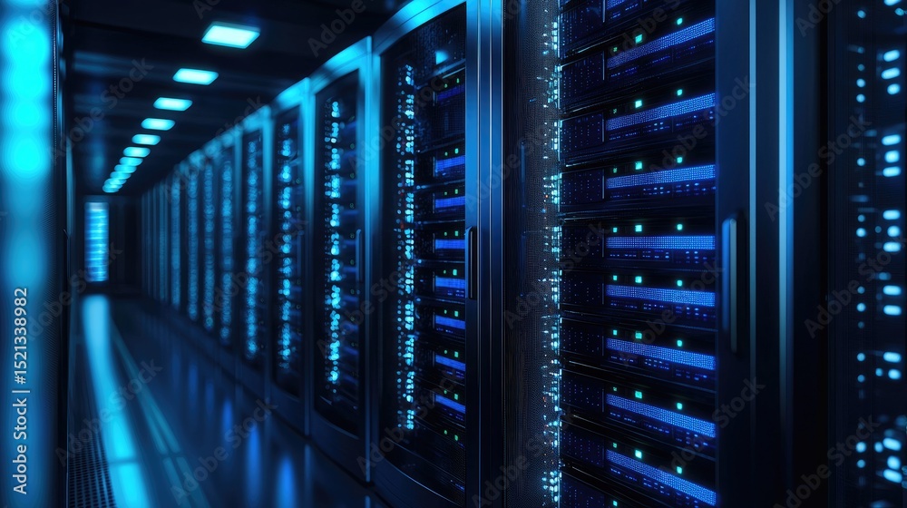 Poster Modern data center with illuminated blue server racks in a sleek corridor, highlighting advanced cloud computing, network infrastructure, and secure digital systems