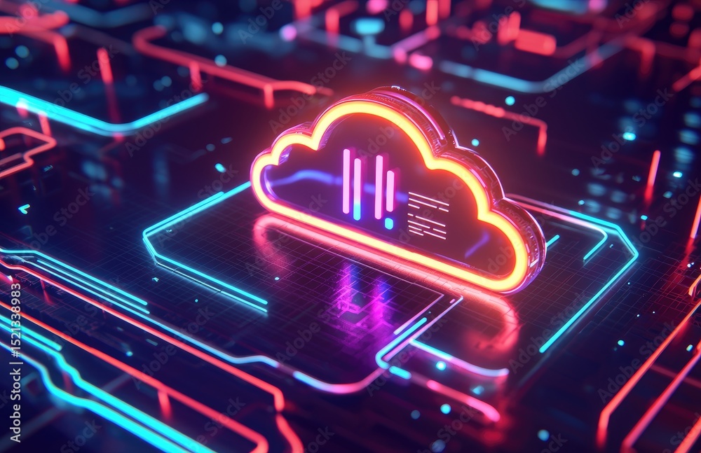 Poster Futuristic 3D neon cloud icon with data bars on a digital circuit background, symbolizing cloud computing, analytics, and modern digital infrastructure