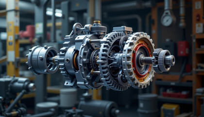 Naklejka premium Advanced motor gear system showcasing intricate components and mechanical precision, evoking sense of innovation