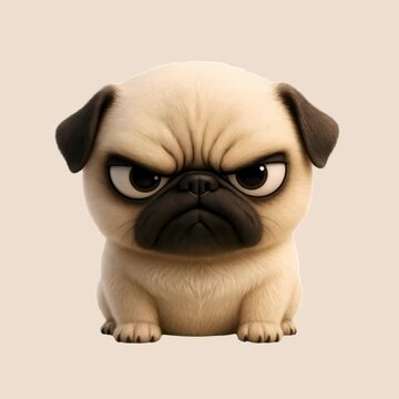 Cute grumpy cartoon pug animation isolated asset, transparent 4K video, alpha channel, ProRes 4444