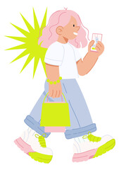 Trendy Shopper Holding Phone and Gift Bag Illustration