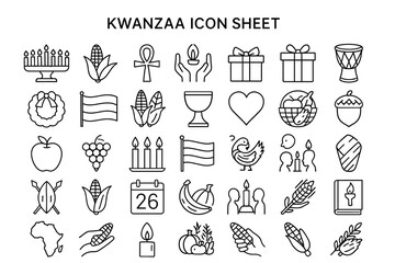 Kwanzaa Icon Sheet: A collection of minimalist line art icons, each symbolizing the core principles and symbols of Kwanzaa, presented in a clean and organized manner.