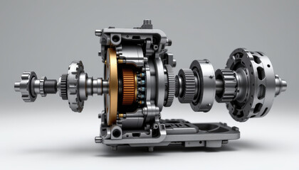 High detail mechanical gearbox disassembled showcasing intricate components and precision engineering