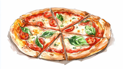 Vector illustration, watercolor painting of Italian Pizza, isolated on a white background.