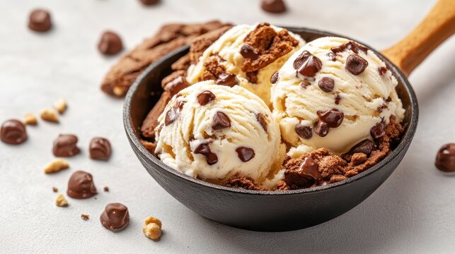 Indulge in this exquisite bowl of vanilla ice cream topped with chocolate chips and crumbled cookies, evoking a sense of luxury and sweet enjoyment for all dessert lovers. - Powered by Adobe