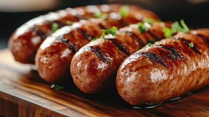 A close-up of perfectly grilled sausages on a wooden board, showcasing a mouthwatering texture and deliciousness that appeals to food lovers and BBQ enthusiasts.