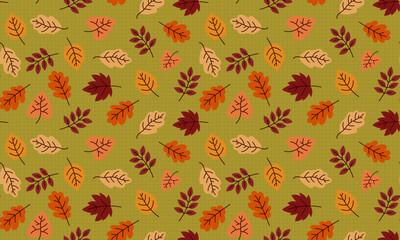 Seamless Fall Leaf Pattern on Olive Green Grid Background