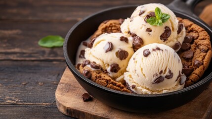 This delectable image features three scoops of rich chocolate chip ice cream served atop a warm cookie, elegantly presented in a cast-iron skillet.