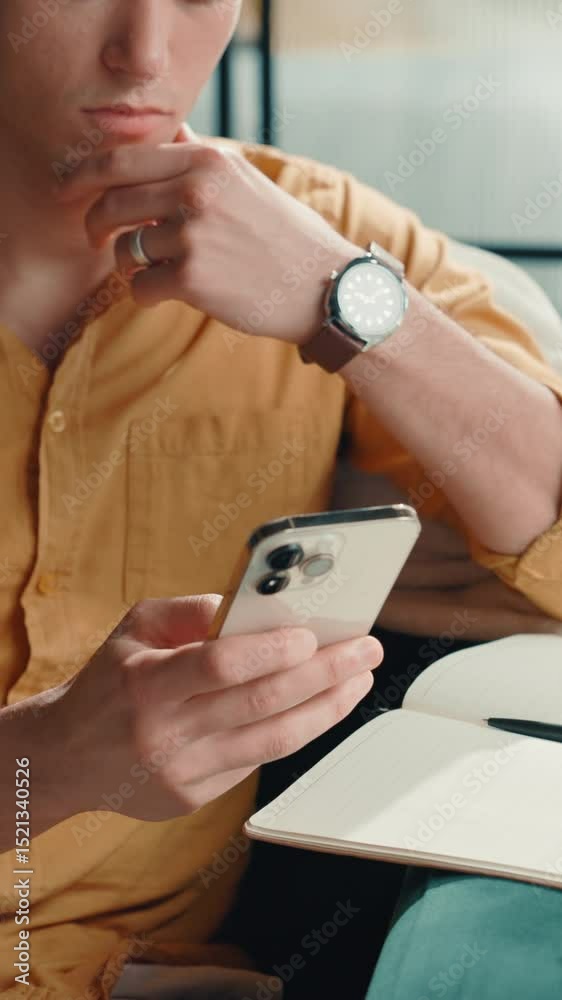 Aufkleber Man, hands and typing on mobile for remote work, small business planning and schedule in notebook. Entrepreneur, phone and connection in home for startup networking, research and making appointment
