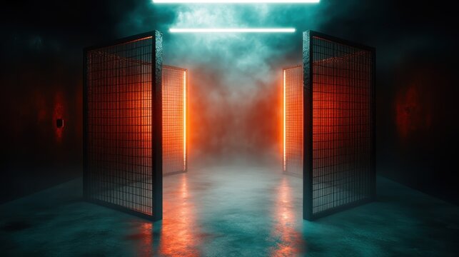 An abstract and mysterious space featuring metallic grids illuminated by neon lights and surrounded by fog, creating an artistic representation of technology and aesthetics.