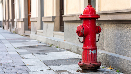 Old red fire hydrant in city street. Water standpipe for emergency fire access.