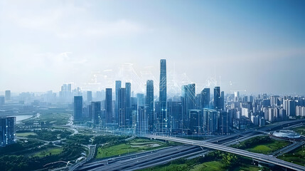 High Angle View Of Modern Cityscape With Skyscrapers And Connectivity Lines